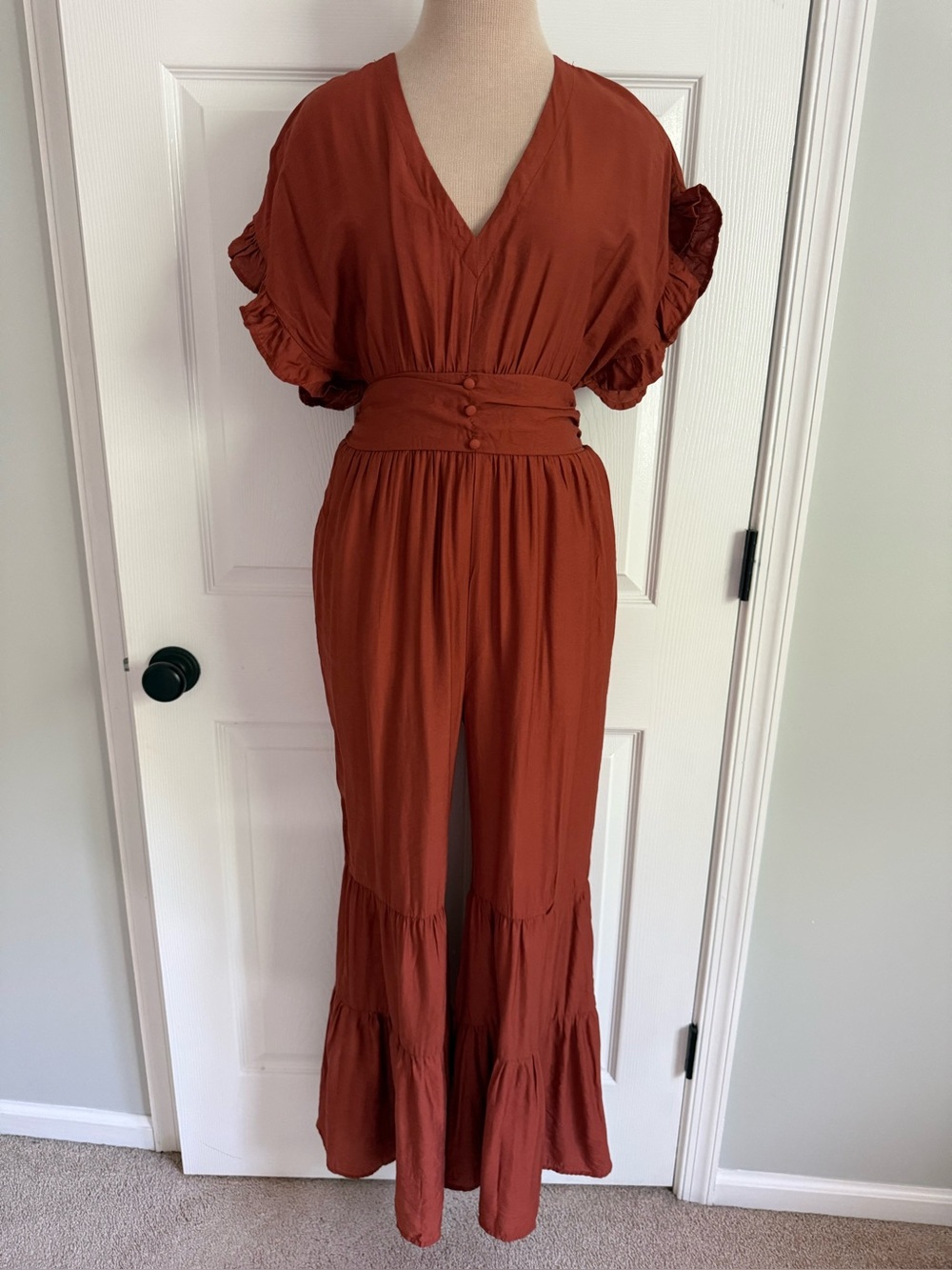 Favlux Terracotta Tiered Flared Jumpsuit M